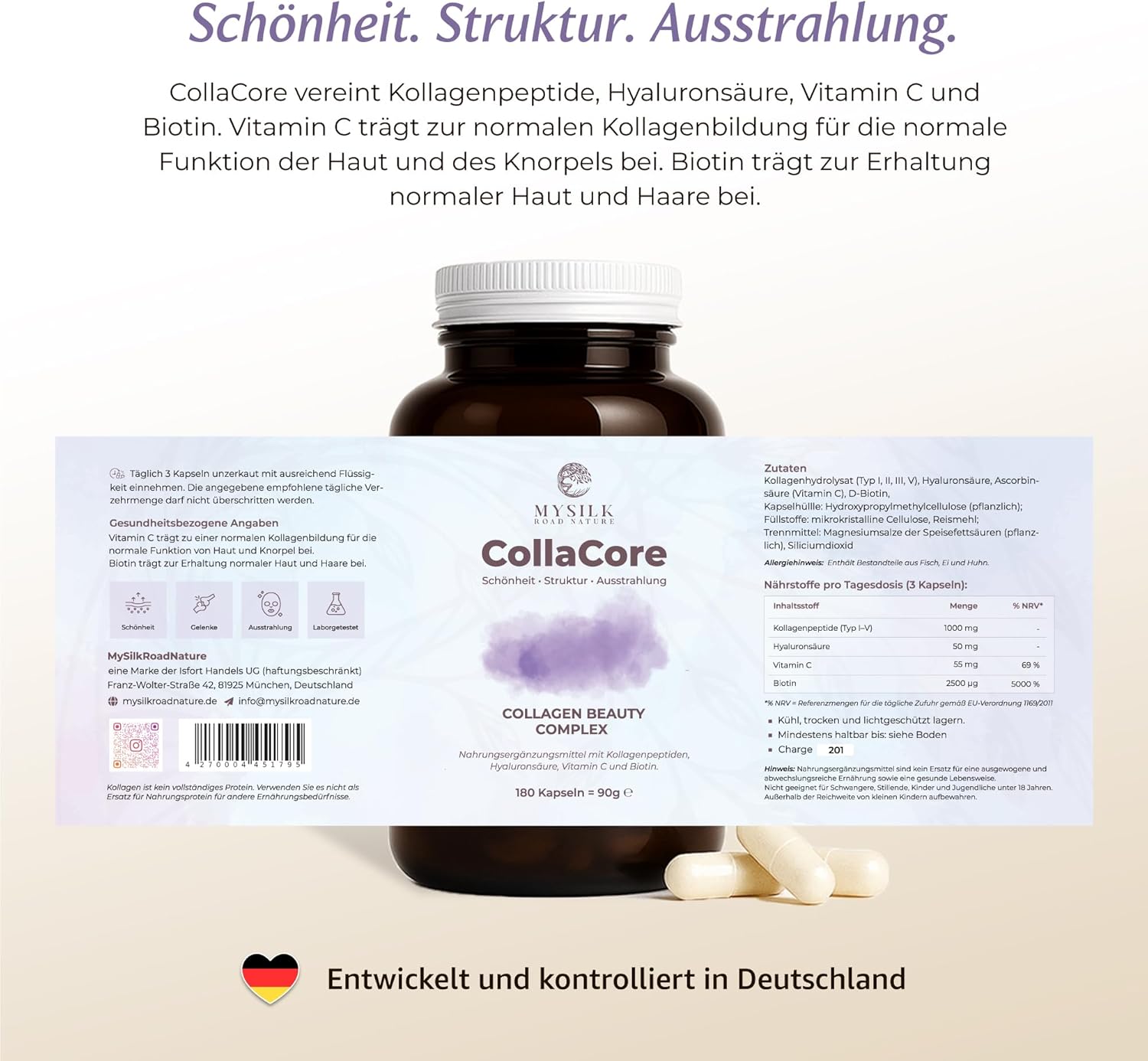 CollaCore™ Kollagen Kapseln – Multi-Typ (I, II, III & V) Peptide mit Biotin & Hyaluronsäure | 180 Kapseln – MySilkRoadNature