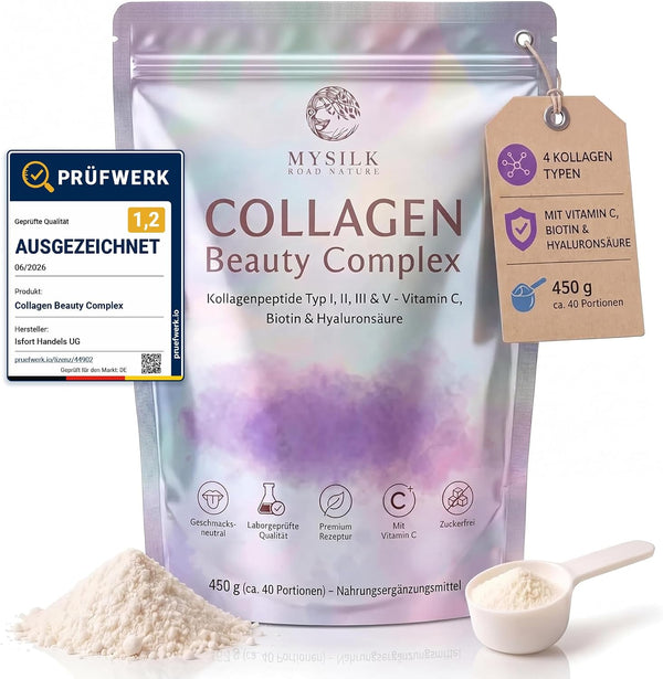 Kollagenpulver Typ I–V 450 g von MySilkRoadNature mit Vitamin C, Biotin und Hyaluronsäure – geschmacksneutral