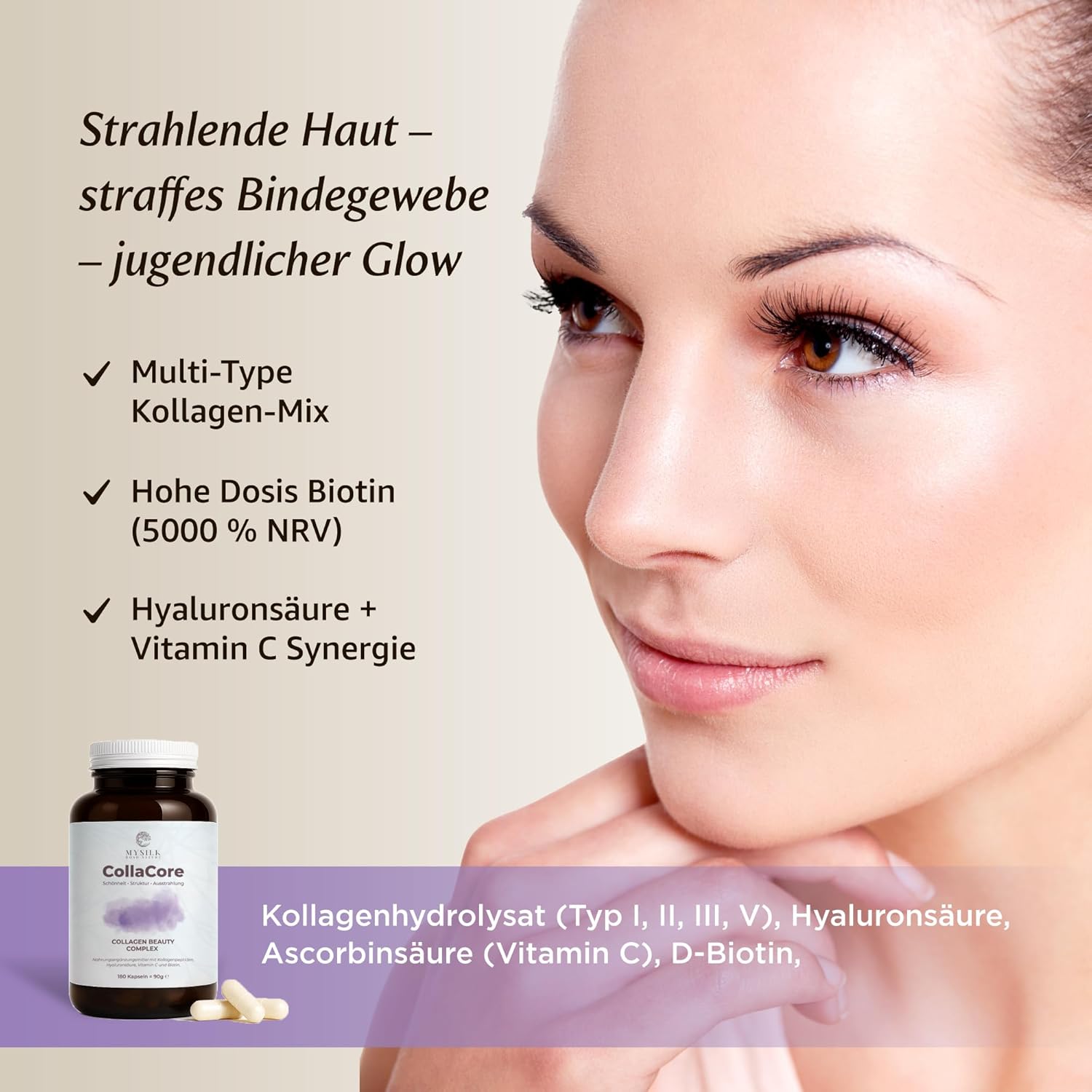 CollaCore™ Kollagen Kapseln – Multi-Typ (I, II, III & V) Peptide mit Biotin & Hyaluronsäure | 180 Kapseln – MySilkRoadNature
