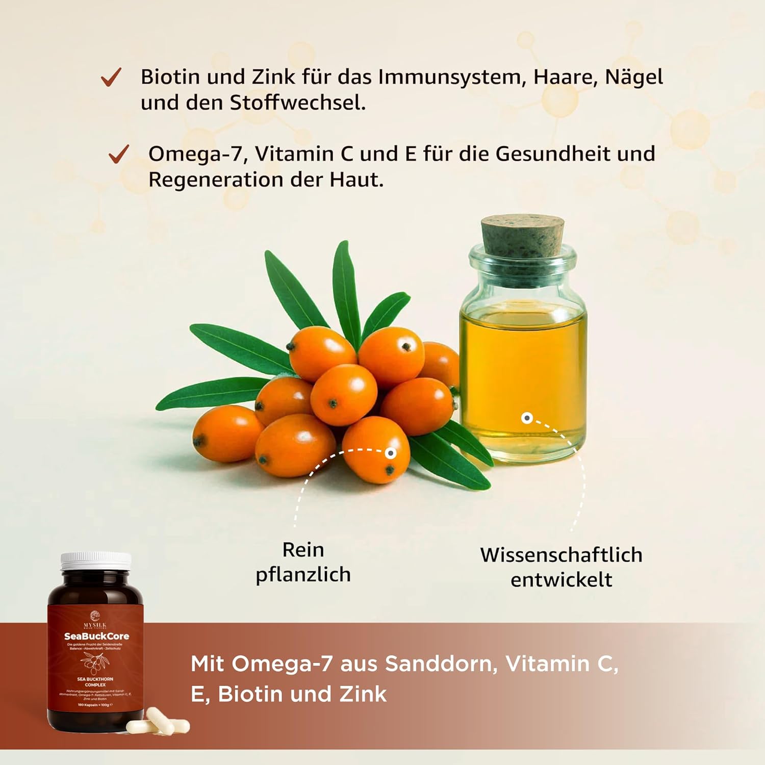 SeaBuckCore™ Sanddornöl-Komplex – Omega-7, Vitamin C, Vitamin E, Zink & Biotin | 180 vegane Kapseln für Immunsystem & Zellschutz