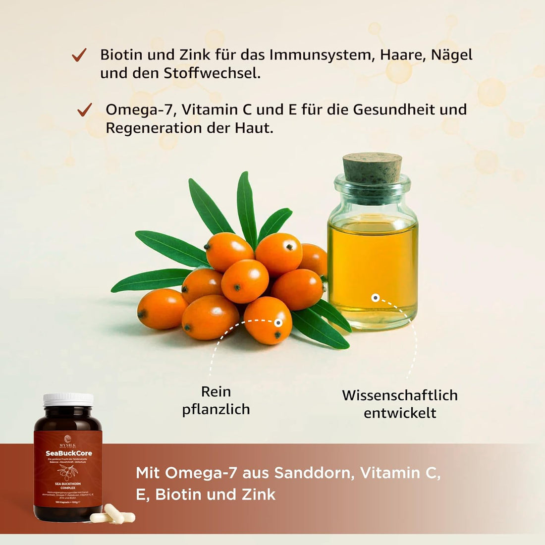 SeaBuckCore™ Sanddornöl-Komplex – Omega-7, Vitamin C, Vitamin E, Zink & Biotin | 180 vegane Kapseln für Immunsystem & Zellschutz