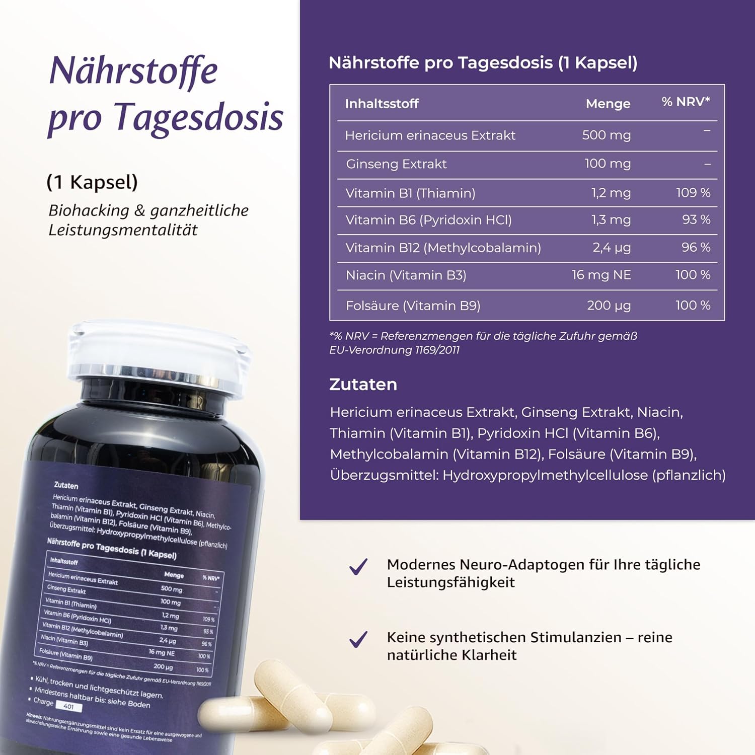 LionsCore™ – Lion’s Mane & Ginseng Komplex mit B-Vitaminen | 180 Kapseln