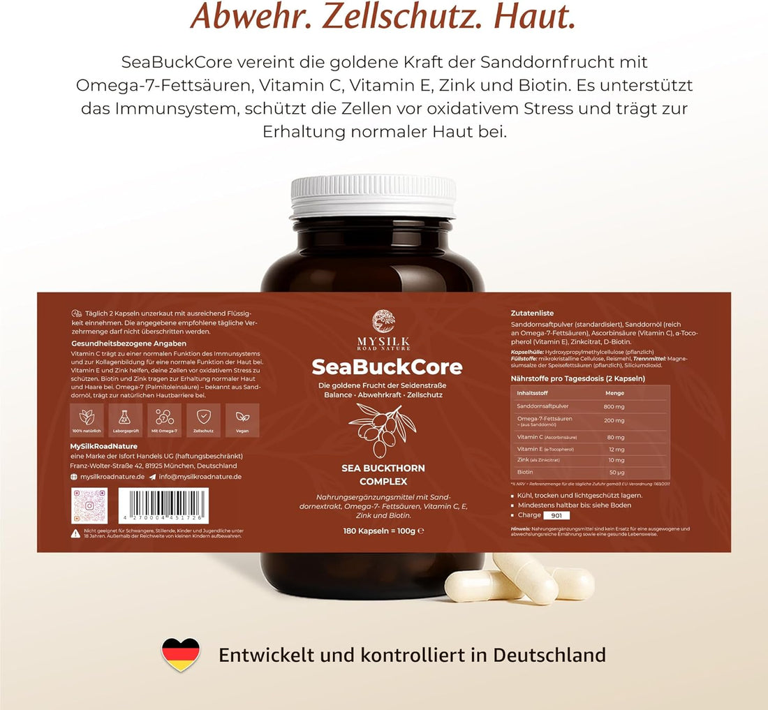 SeaBuckCore™ Sanddornöl-Komplex – Omega-7, Vitamin C, Vitamin E, Zink & Biotin | 180 vegane Kapseln für Immunsystem & Zellschutz