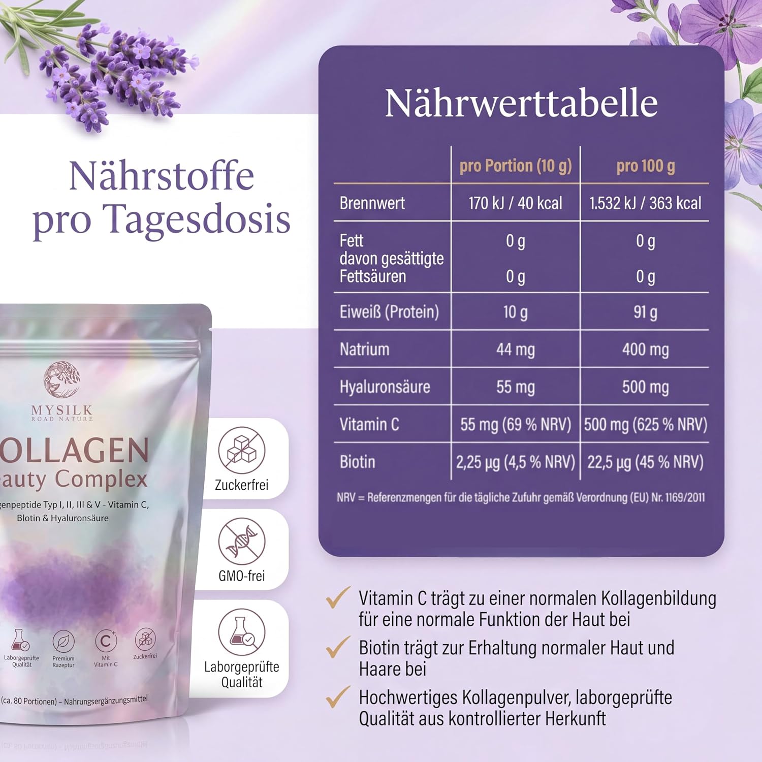 Kollagenpulver Typ I–V 450 g mit Vitamin C, Biotin und Hyaluronsäure – Produktansicht Verpackung