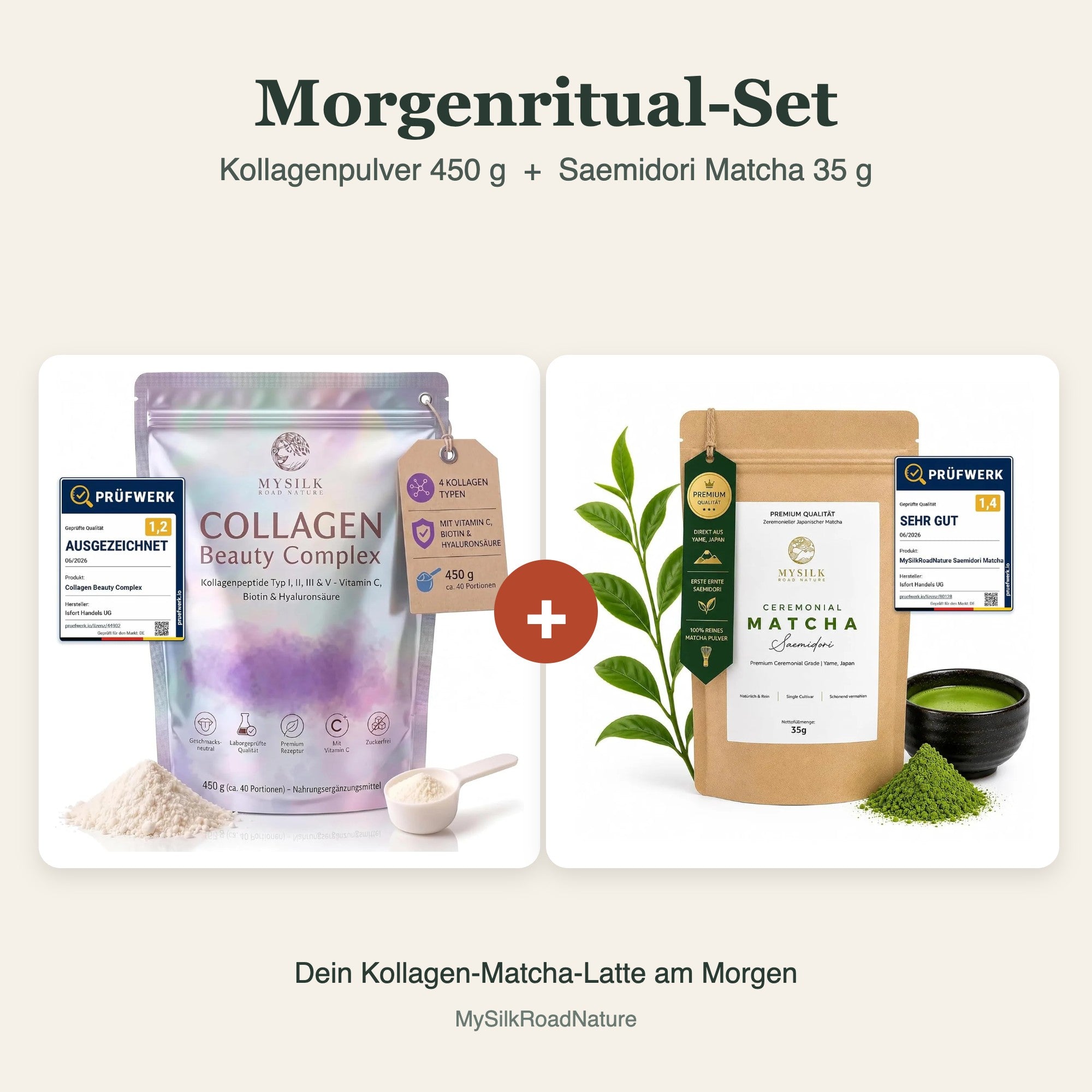 Morgenritual-Set: Kollagenpulver 450 g und Saemidori Matcha 35 g (Beutel) von MySilkRoadNature